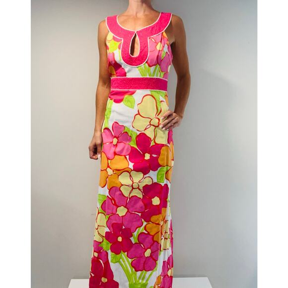 Vintage Lilly Pulitzer Maxi Dress Beaded Key Hole Pink Yellow Florals Size 8 JL - Picture 1 of 13